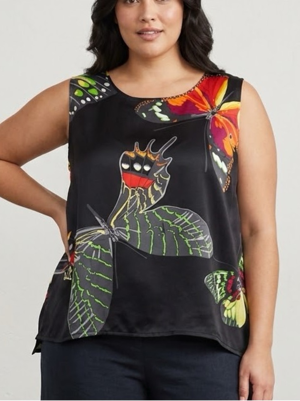 Caroline Rose 100% Silk Butterfly Print Sleeveless Top XL Designer Silk Y2K